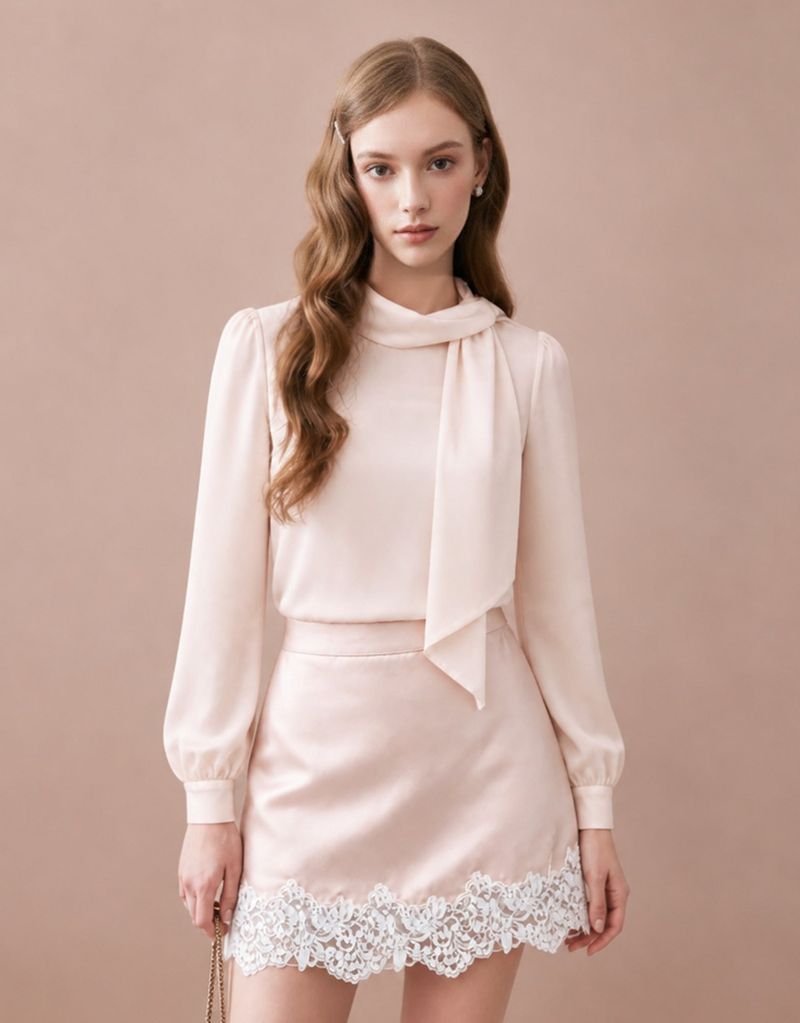 [PRE-FALL] リュンヌ ハイネック リボン タイ ハイネック ブラウス ブラッシュ ピンク