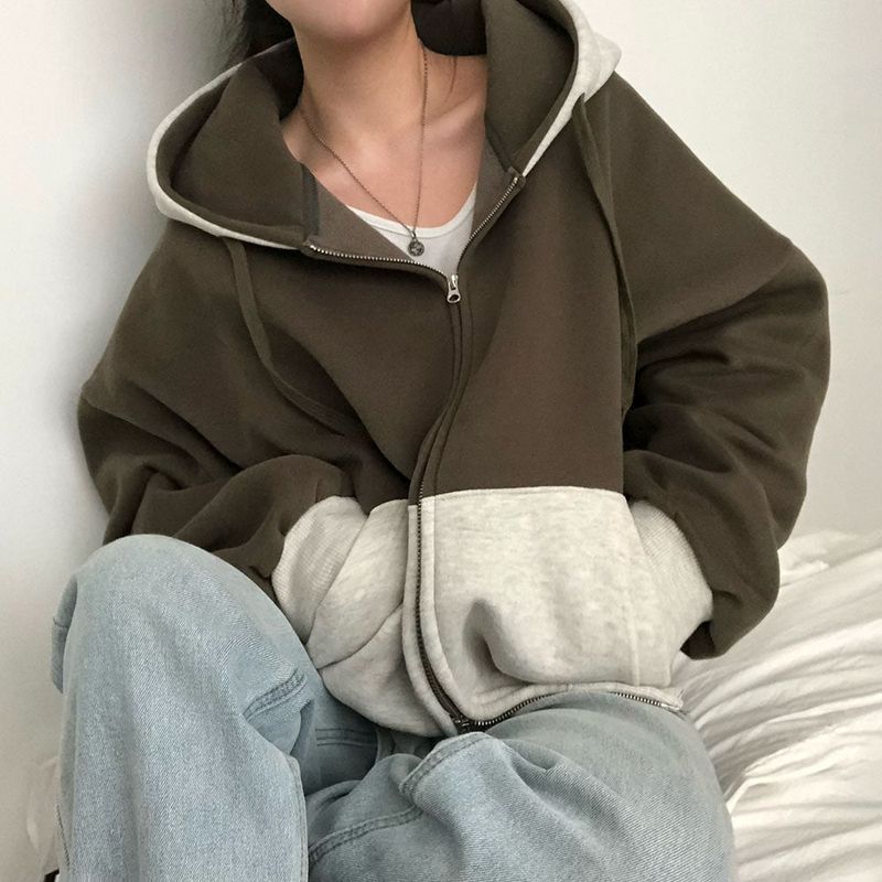 [BELLIDE MADE] two-tone coloring wool boxy hooded zip-up