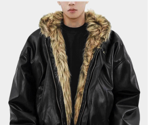 Zeoni fur trim hooded dark black leather jumper