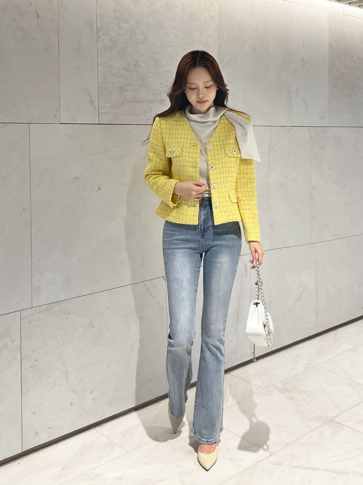 Bowl Check V-Neck Pearl Tweed Jacket