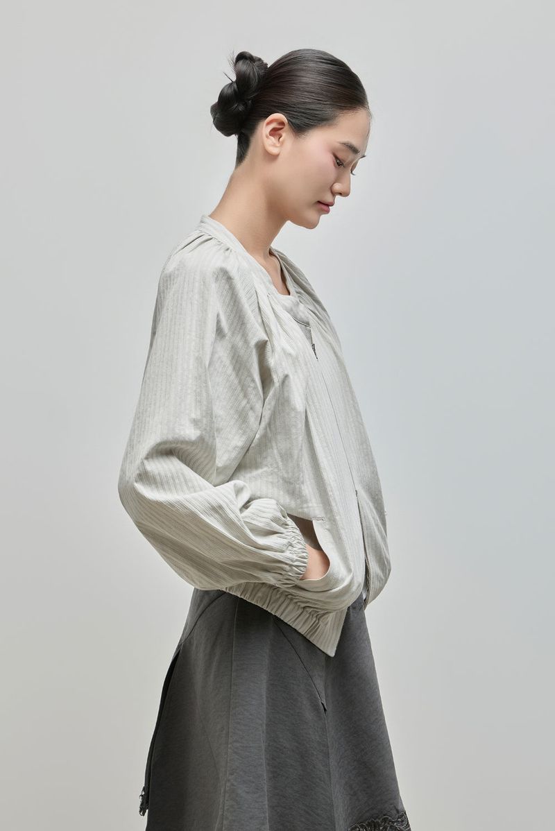 Shirring Zip-up Blouse Jumper_Grey