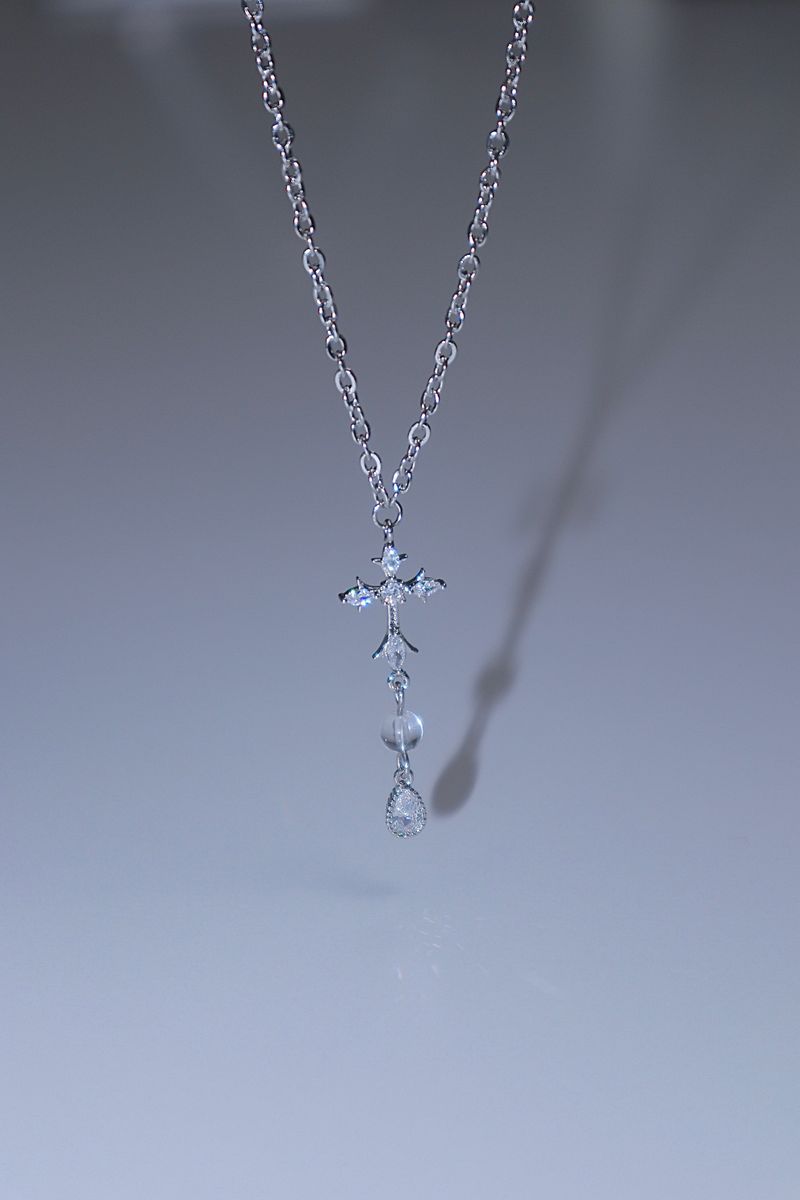 cross water drop transparent gemstone necklace