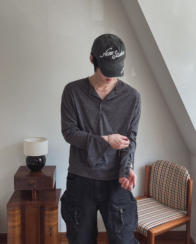 Div Ribbed Henley Neck Long Sleeve Tee 