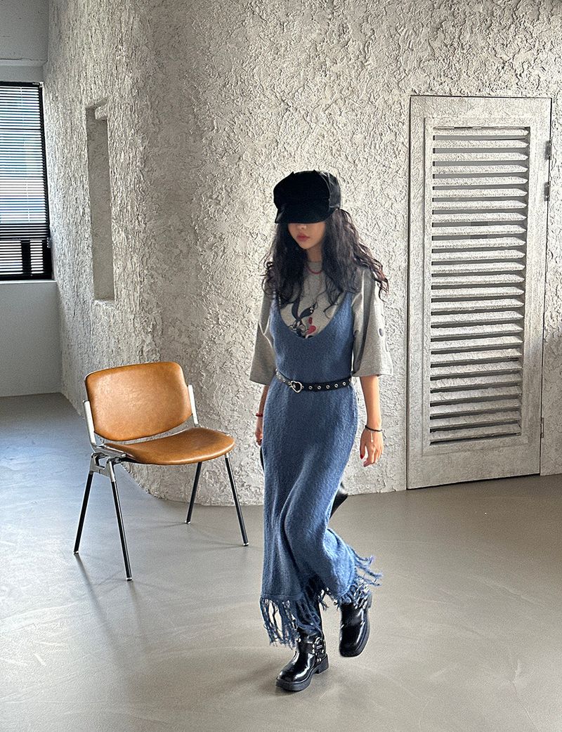 knit fringe bustier long dress