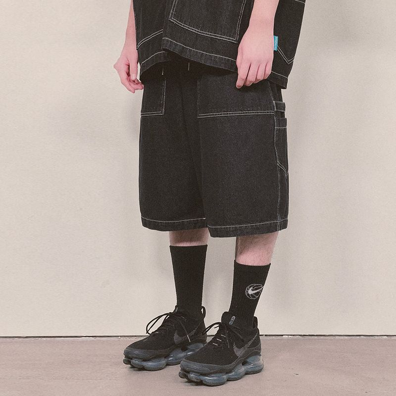 denim stitch shorts_black