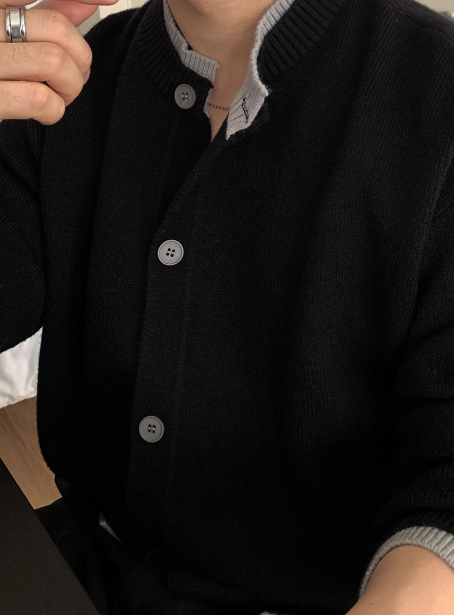 Lapel color scheme round neck button knit cardigan