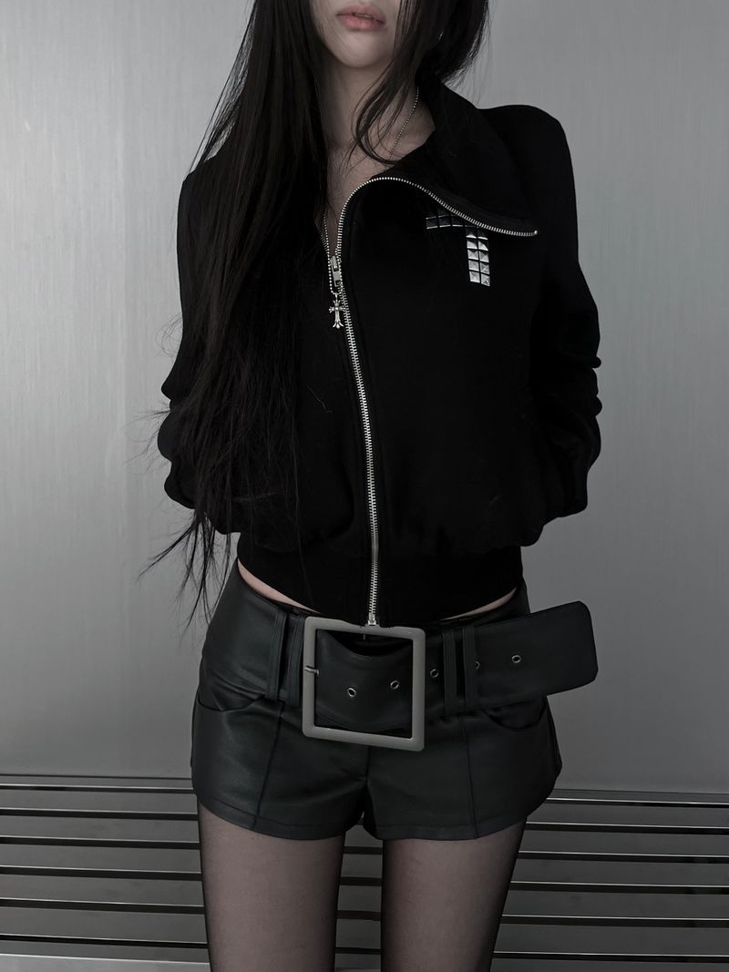 cross stud diagonal warmer zip-up (fleece-lined / 2color)