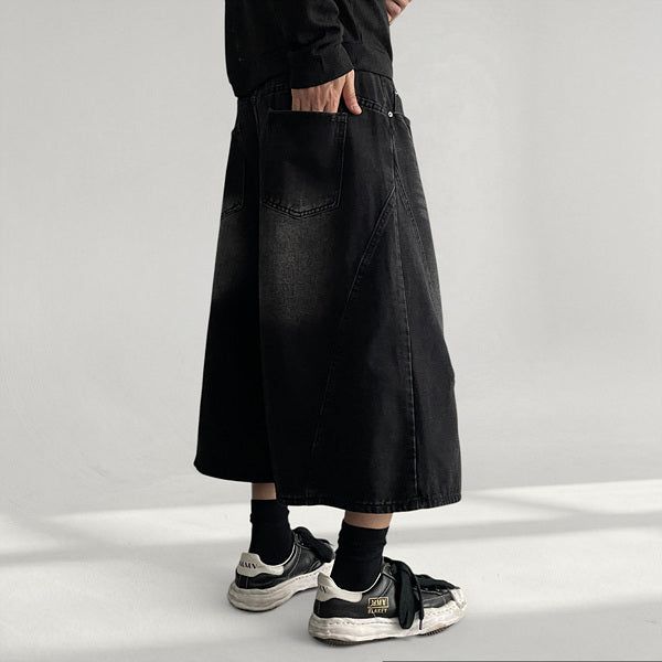 Ment Wash Diagonal Cut Denim Bermuda Pants