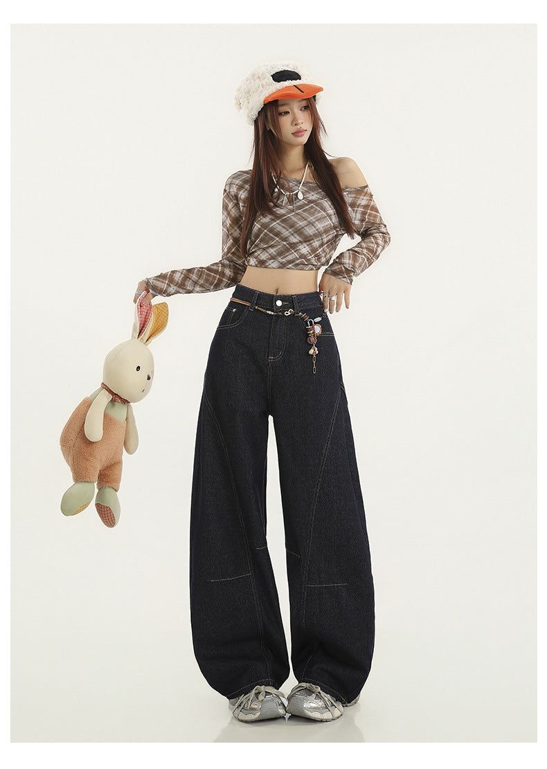 Navy-cut High-waist Mixed Denim Pants