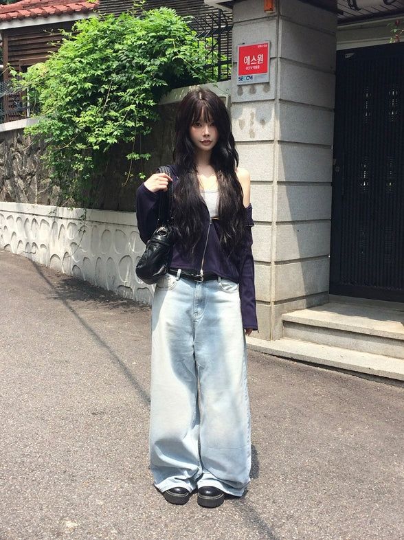 Bomshu Wide Washing Denim Long Pants