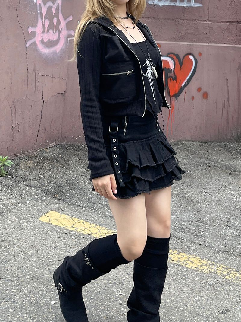 Cropped Two-Way Cargo Hood Zip-Up