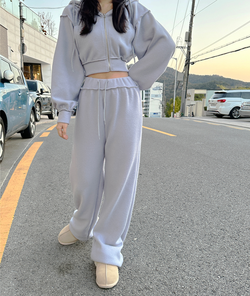 (ZIP-UP & PANTS SET!) 4 COLORS THICK FLEECE RIBBED CROPPED TRAINING PANTS