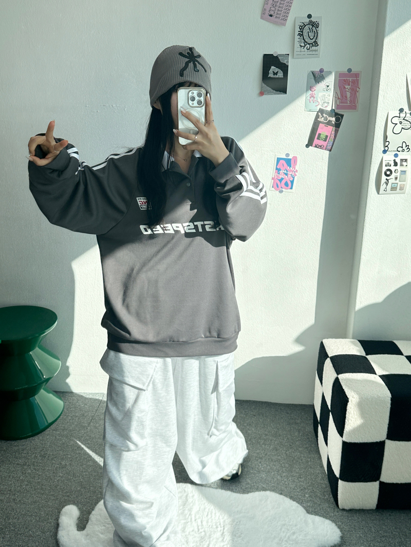 RAGLAN THREE-STRIPE COLLAR SWEATSHIRT🖤🩶🤍 - 3 COLORS