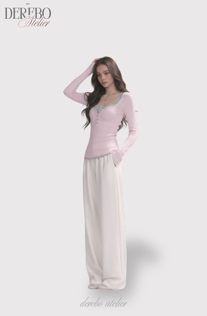 Pink bear ribbed long-sleeved T-shirt