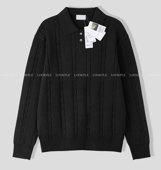 All-Day Cable Pattern Two-Button Collar Knit