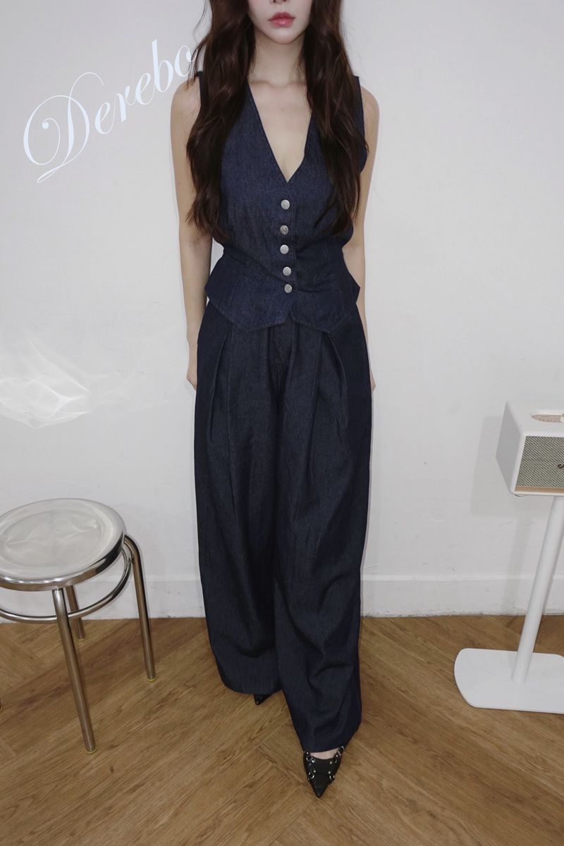 Dark blue denim vest pants two-piece