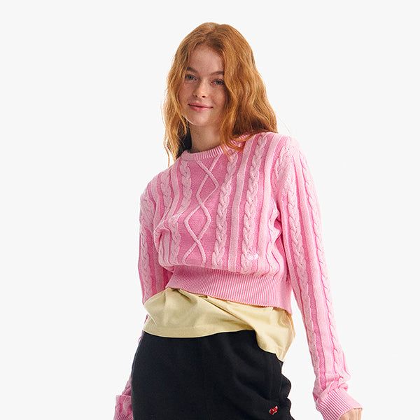 KIRSH（キルシー）の「SMALL CHERRY TWO-TONE CABLE CROP KNIT [PINK]（Tops）」