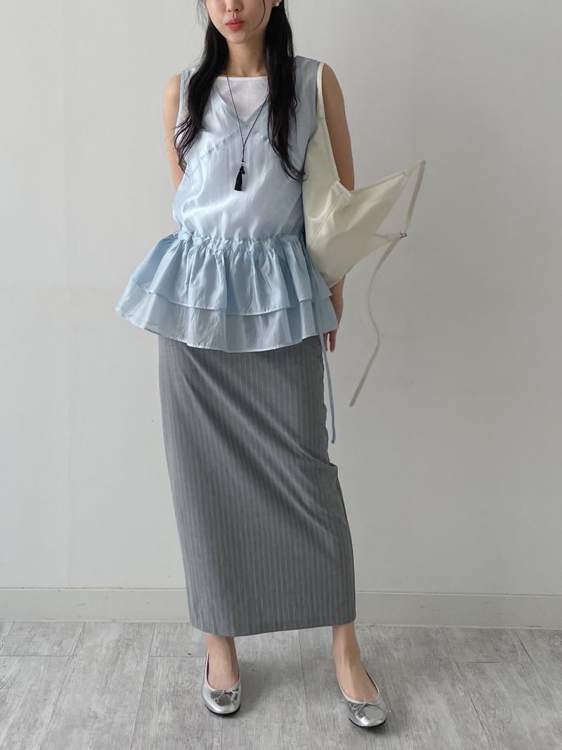 Tencel See-through Frill Sleeveless Blouse