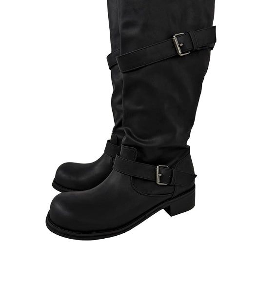 Double Buckle Biker Wide Long Boots