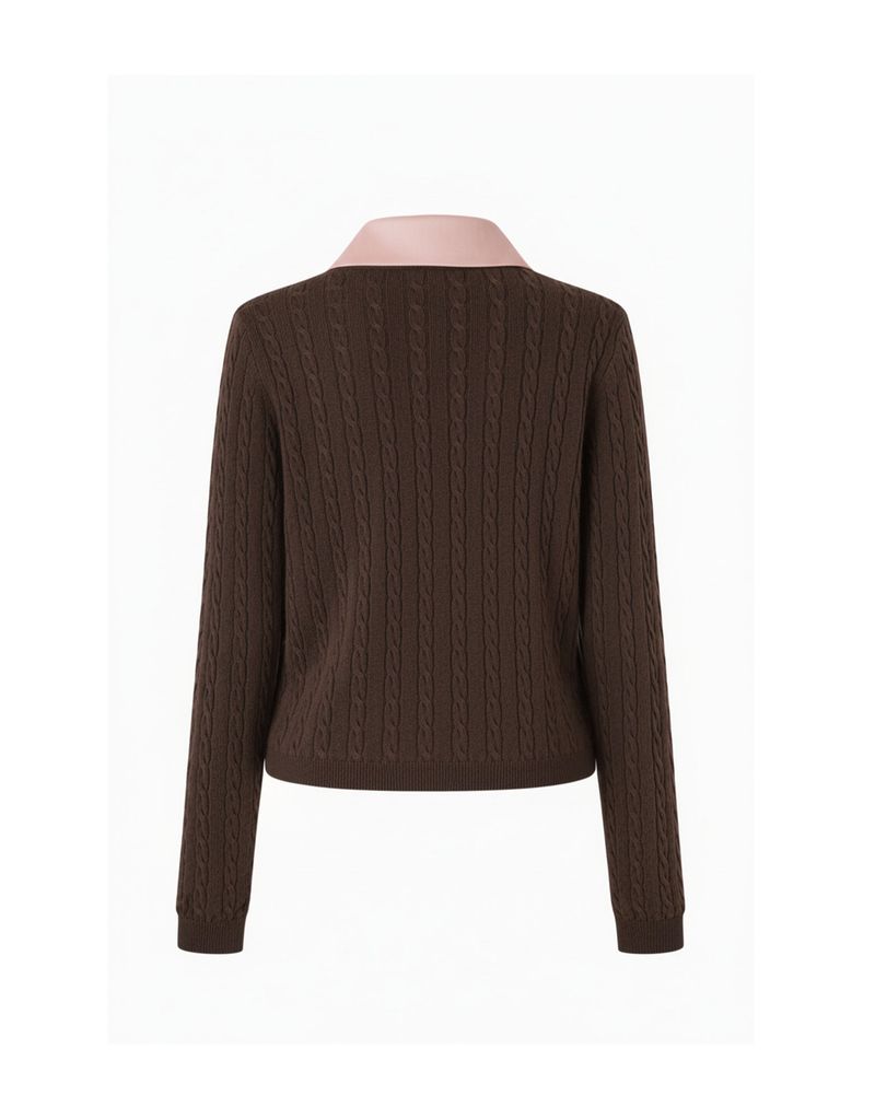 Elodie Silk Collar Cable Knit Cardigan Brown