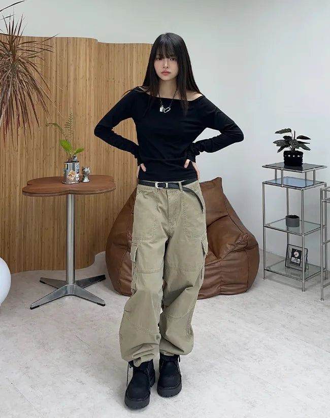 Para Off-shoulder Boat Neck Long Sleeve Tee
