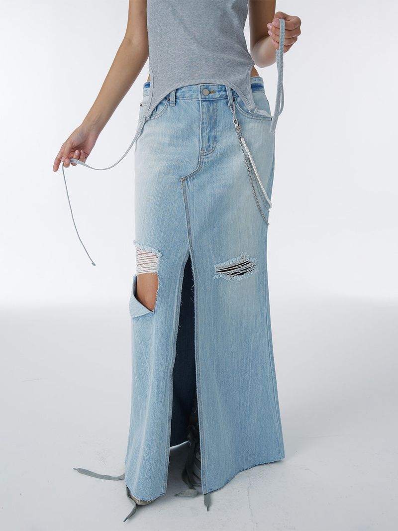 DAMAGED LONG DENIM SKIRT (BLUE)