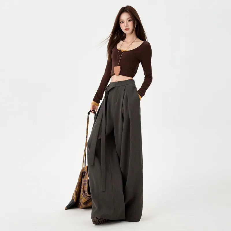 Gray Draped High Waist Wide Leg Slacks