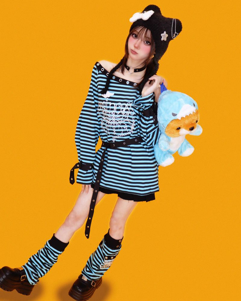 funky-girl striped long T+warmer (2color)