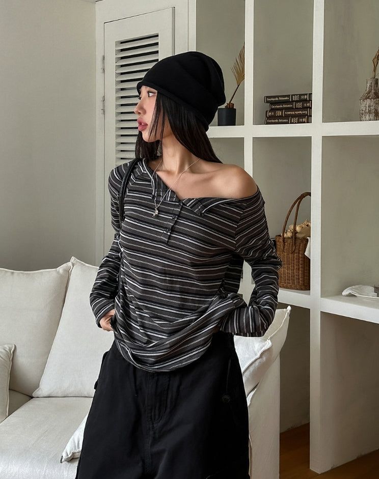 Dien Button Stripe Boat Neck Long Sleeve