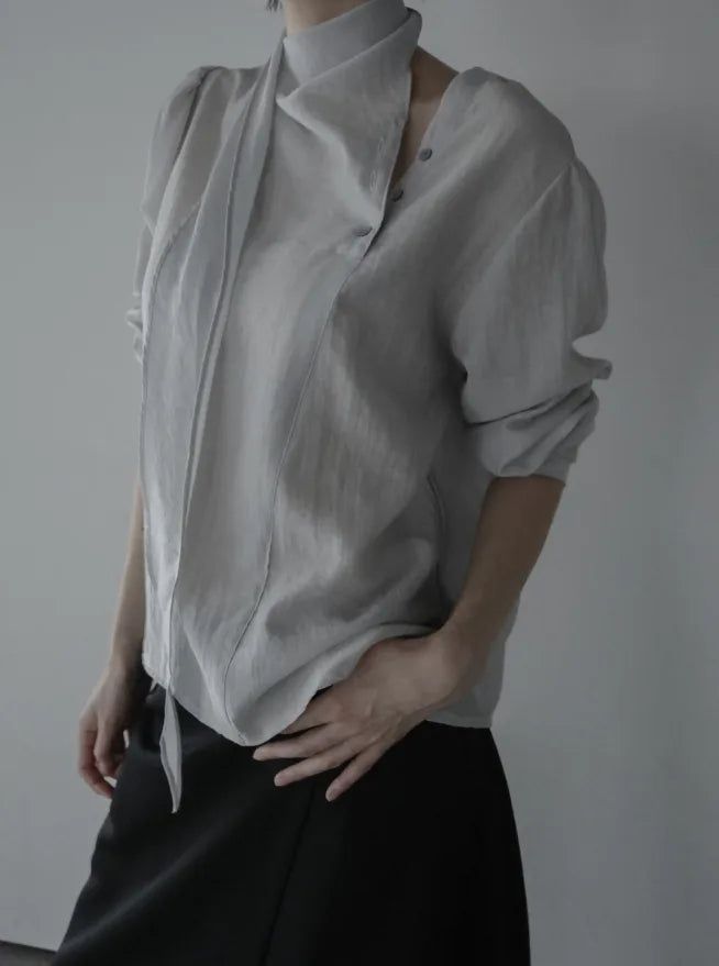 Noir Unbalance Button Scarf Blouse