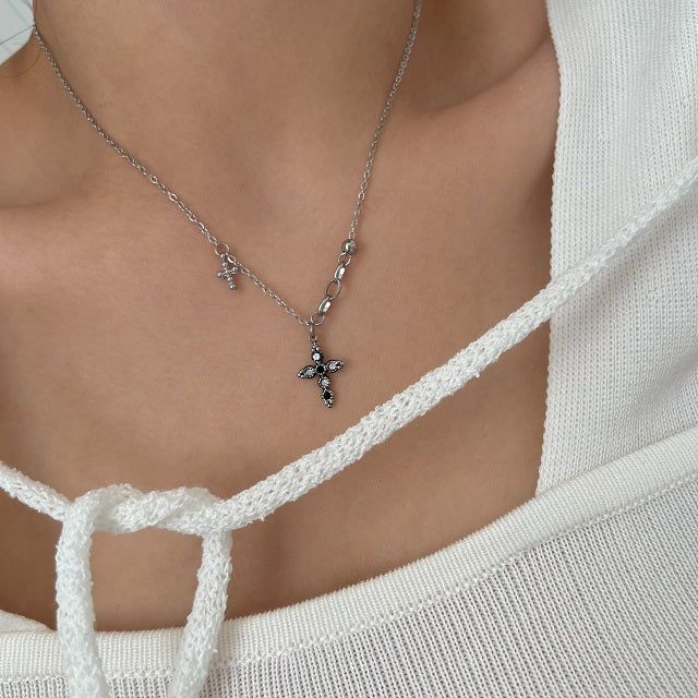 bif black twin cross turquoise stainless steel double ball short long layered gemstone necklace