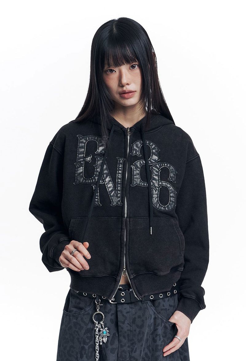 Washed Leather Patch Hooded Zip-Up - Black
