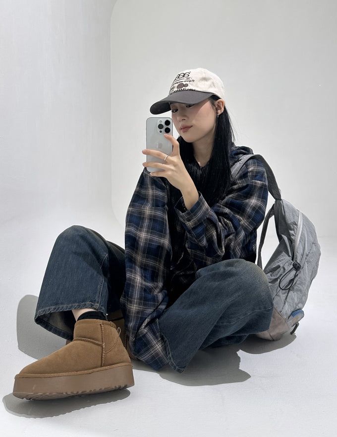 Retro flannel check hood shirt