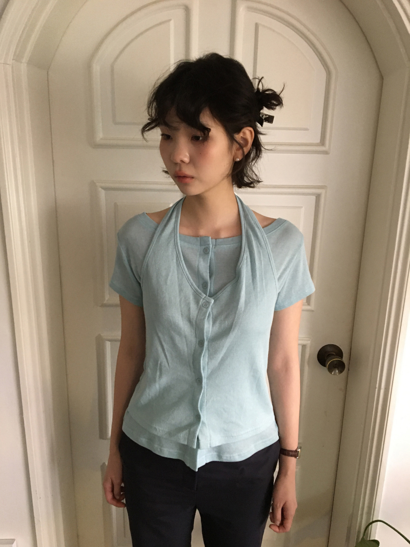 Dual-layer button T-shirt (4color)