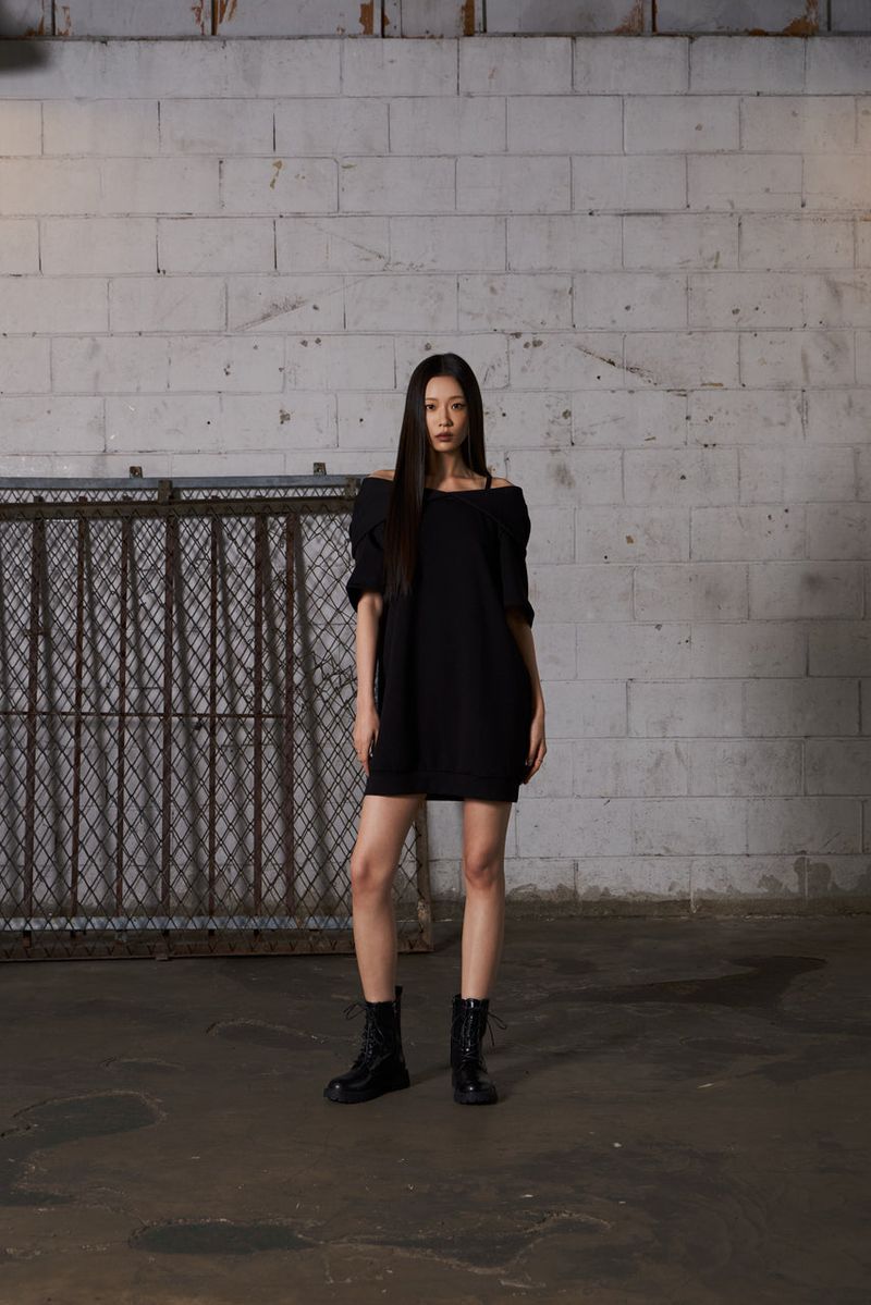2Way Big Hood Off-Shoulder Mini Dress - Black