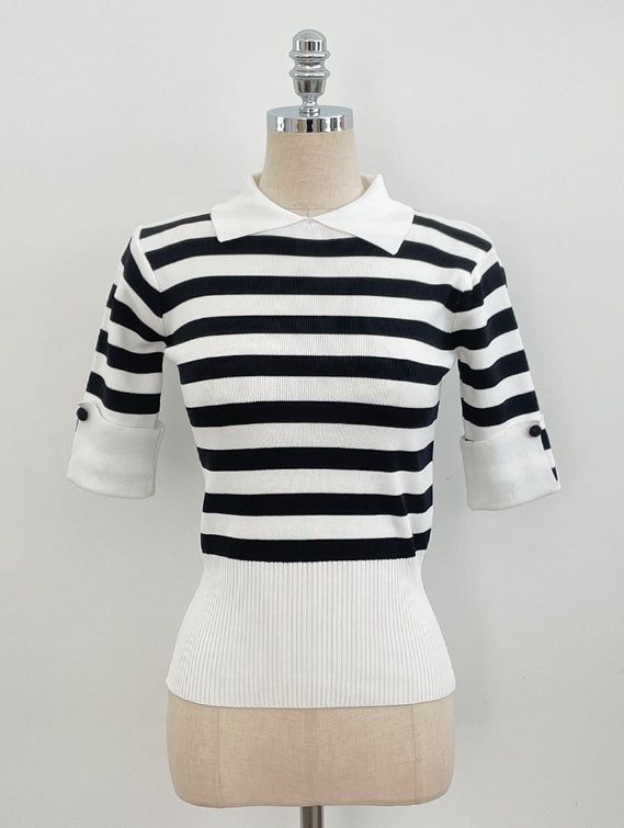 Ez Color Matching Button Short Sleeve Collar Knit