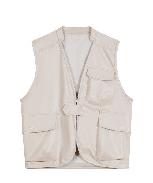 87-STAN024 [Vegan Leather] Multi Pocket Leather Vest Ivory