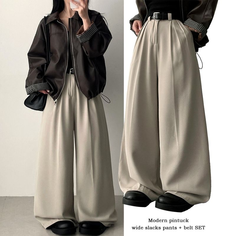 Cree Pin Tuck Wide Slacks Pants + Belt Set