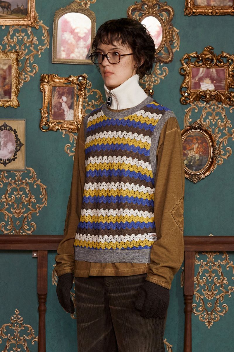 STRIPE CROCHET KNIT VEST / YELLOW