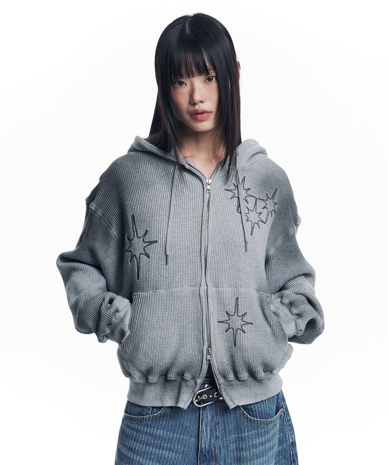 Washed Star Waffle Hooded Zip-Up - Grey