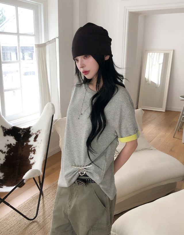 ULAN（ユレン）の「[unisex] ロベン カラーマッチング ロールアップ ショートスリーブ Tシャツ（トップス）」