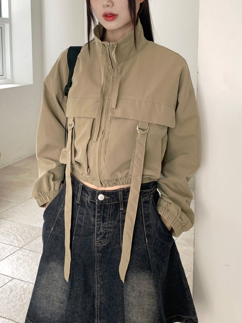 Kuka D-ring strap pocket crop zip-up jacket