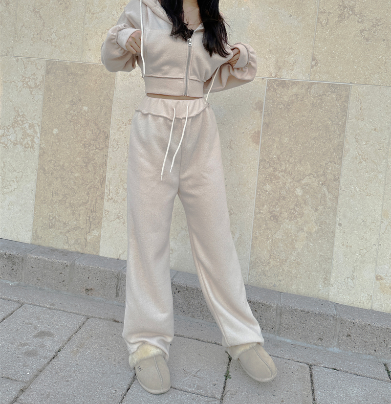 (ZIP-UP & PANTS SET!) 4 COLORS THICK FLEECE RIBBED CROPPED TRAINING PANTS