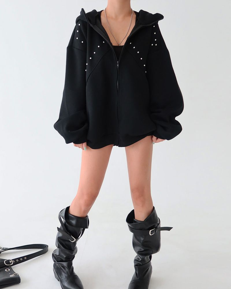 Stud-zzing Oversized High-Neck Hoodie Zip-Up