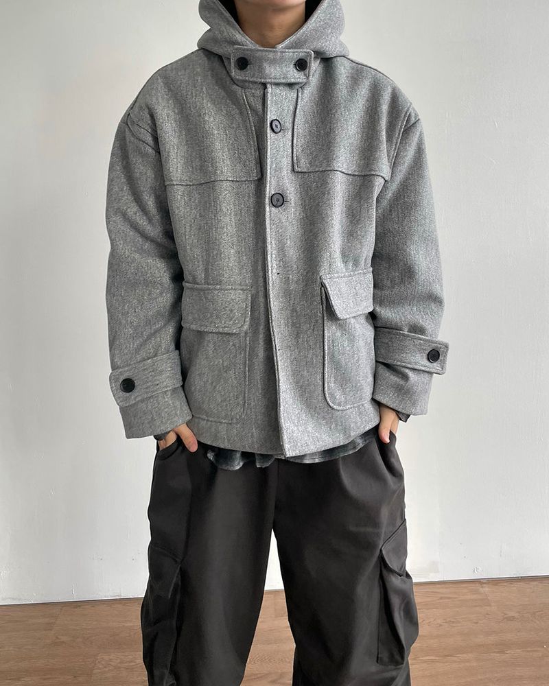 Carbon Wool Hooded Half Coat