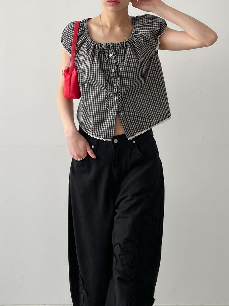 Lace Check Cap Sleeve Blouse