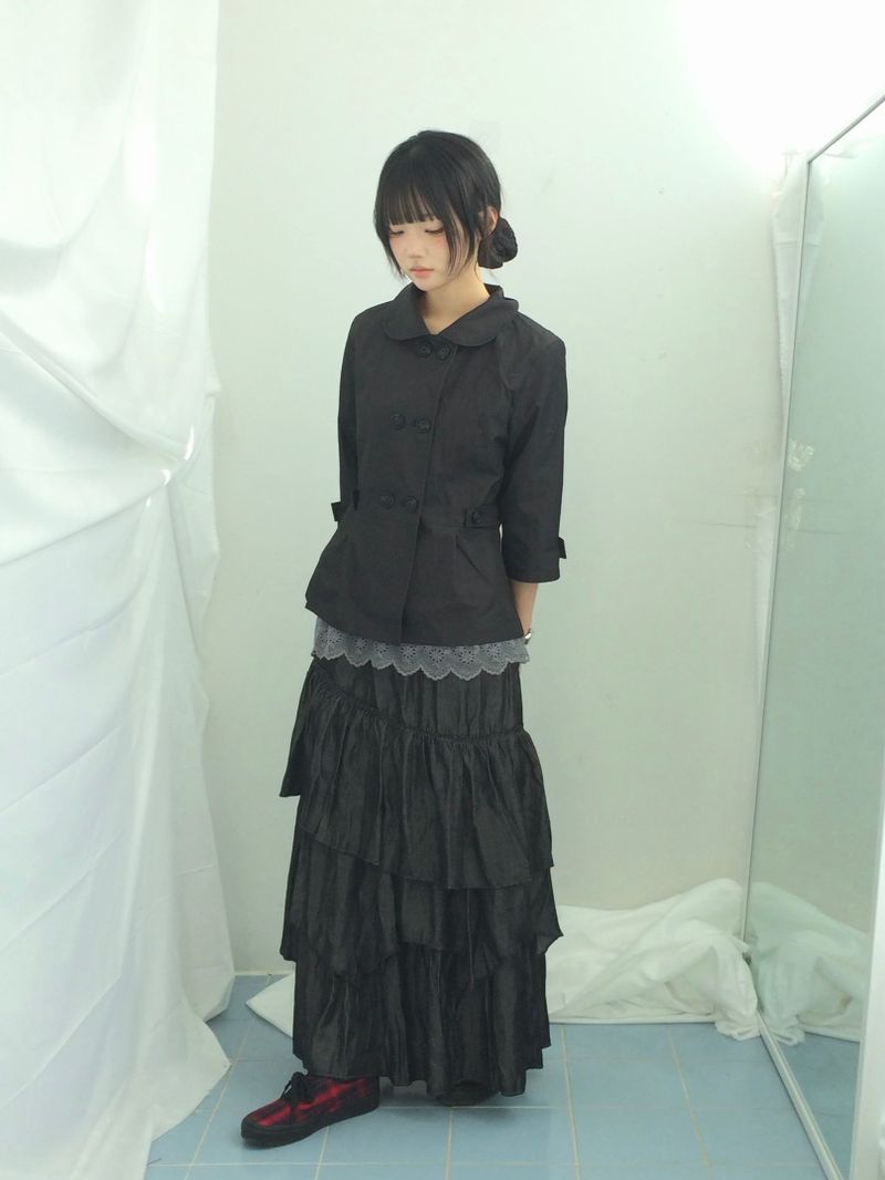 Diagonal Layer Shirring Long Skirt