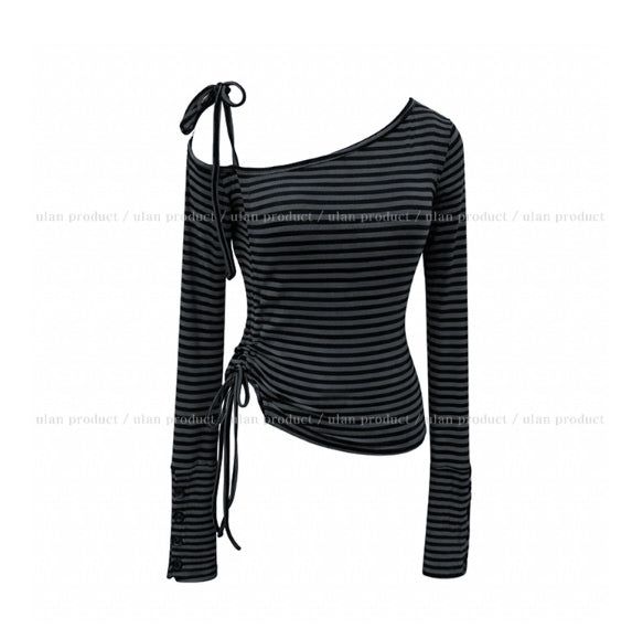 Delitte Stripe Unbalanced Shoulder Long Sleeve