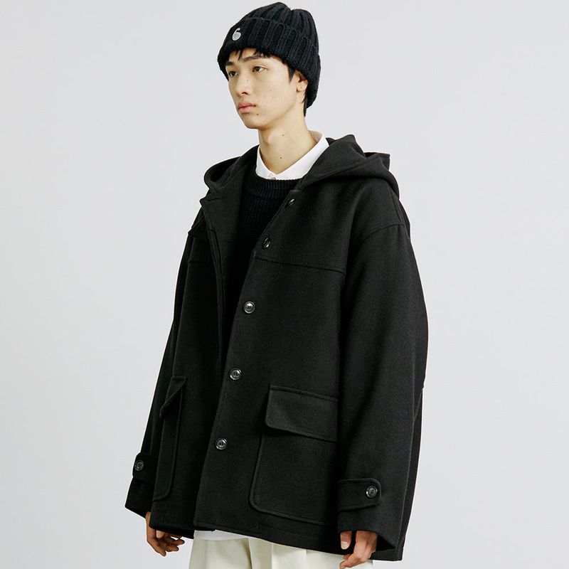 WOOL BLENDED FIELD HOOD COAT BLACK