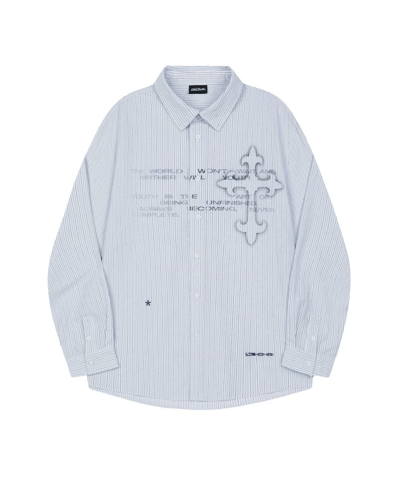 ODDSTUDIO（オッドスタジオ）の「Cross Graphic Stripe Overfit Shirt - BLUE（Tops）」